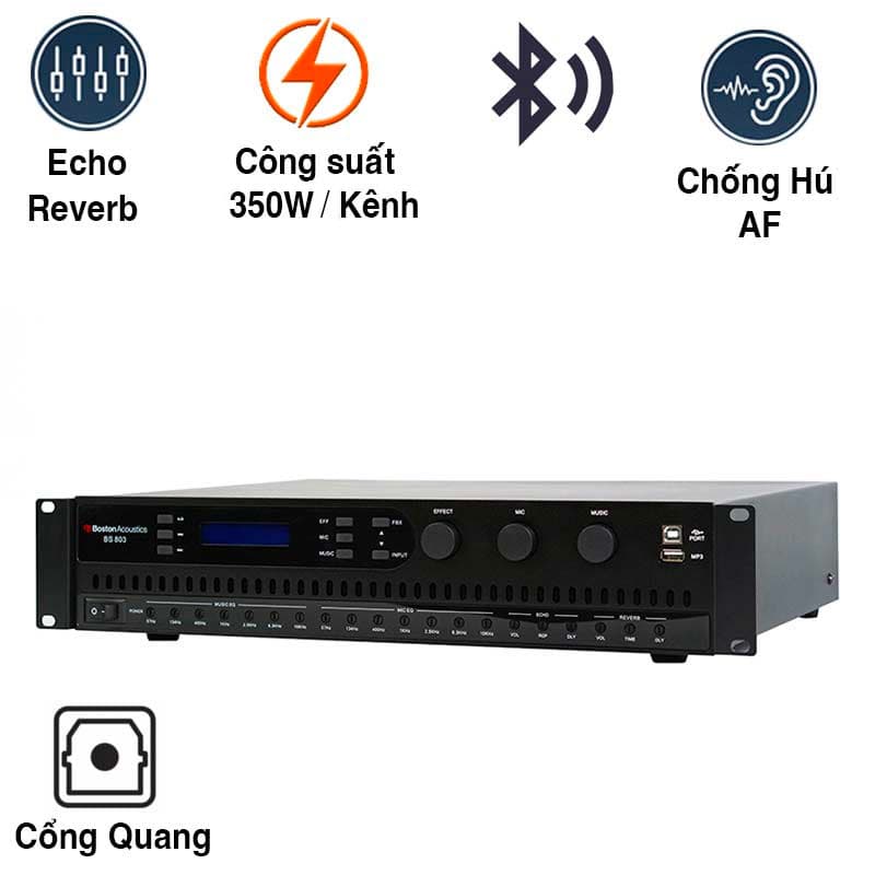 Amply Boston BS803 (350W/ Kênh, Bluetooth, Optical, DSP chống hú, 18Kg)