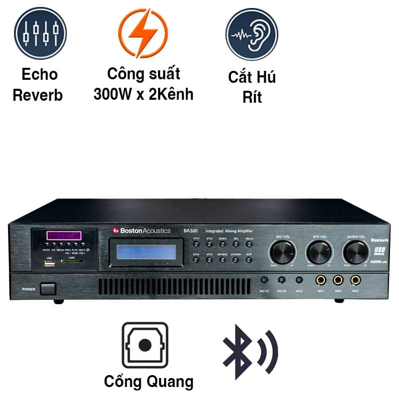 Amply Boston BA300 (Công Suất 600W/2 Kênh, Bluetooth, DSP chống hú, 12,8Kg)