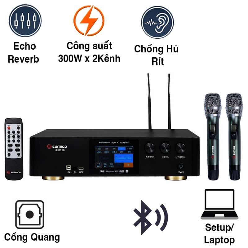 Amply Sumico SU2250, 300W/CH, Bluetooth, RCA, USB, HDMI, Optical