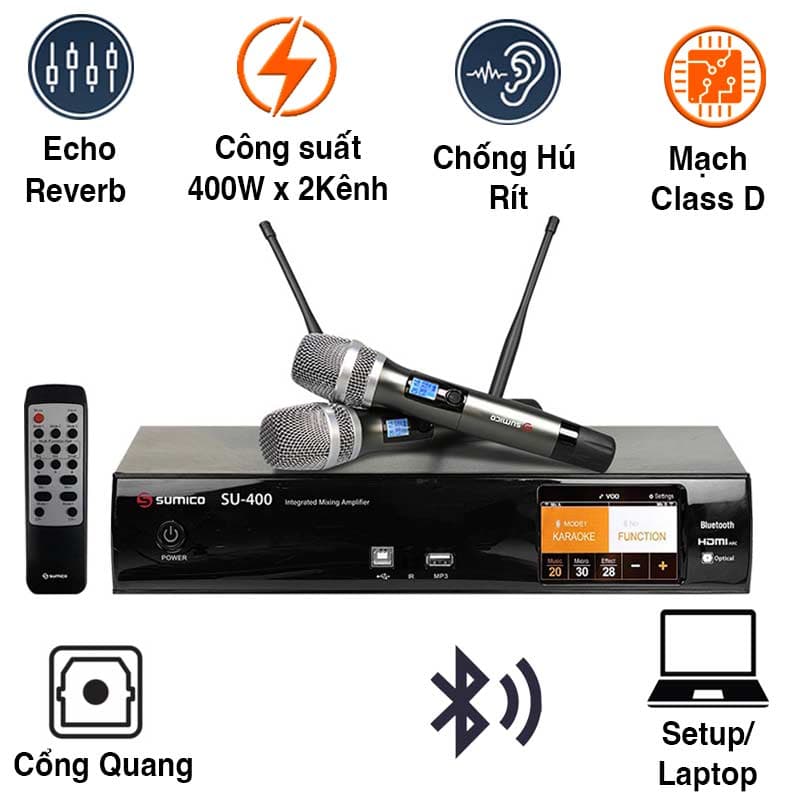 Amply Sumico SU400, 2 Kênh, Công suất 400W/CH, Bluetooth, RCA, HDMI, Optical, USB