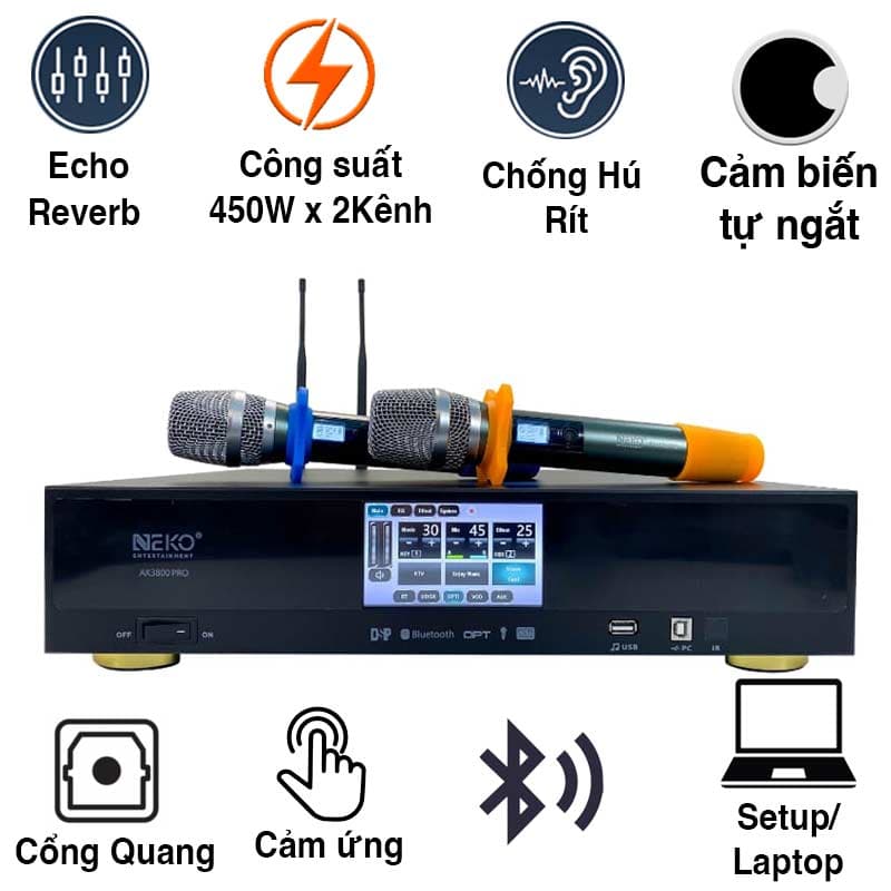 Cục Đẩy Liền Vang Neko AK3800 Pro, 700W x 2 Kênh, Màn Hình Cảm Ứng, Bluetooth