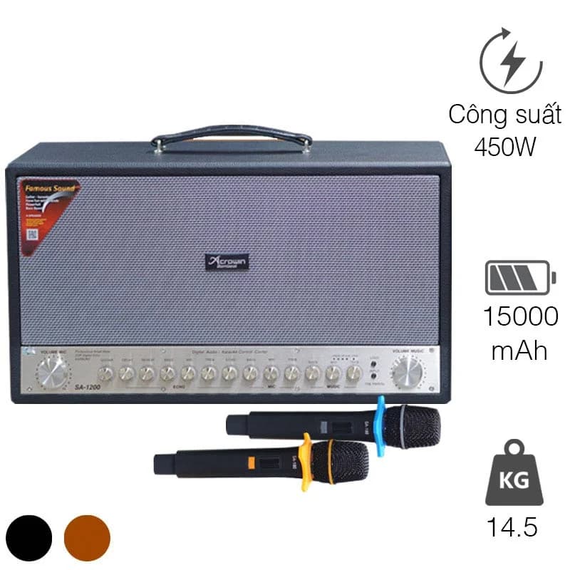 Loa Acrowin SA1200, Công Suất 450W, Bass 16cm x2, 15000mAh, Bluetooth 5.0, Kèm 2 Tay Mic