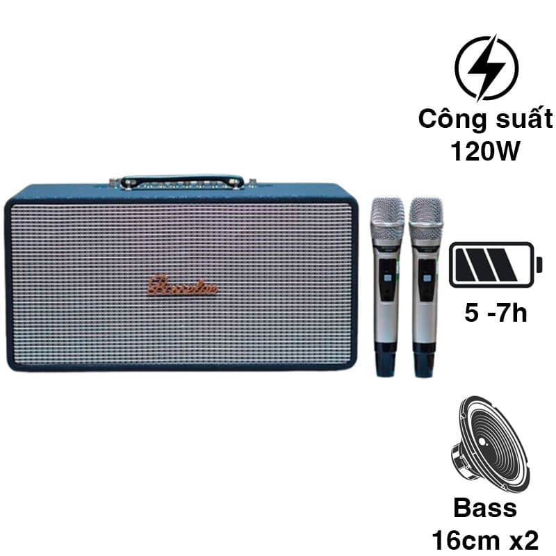 Loa Di Động BossElac SK668, Công Suất 120W, Pin 4-7 giờ, Bluetooth, AUX, USB, Kèm 2 Tay Mic