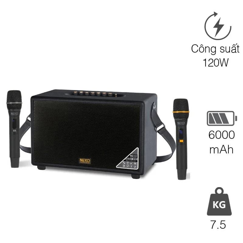 Loa Neko NK900, 120W, Bass 10cm, Bluetooth 5.0, Kèm 2 Micro (có sẵn pin cho mic và có thể sạc lại)