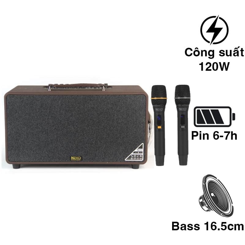 Loa Neko NK800, Bass 16.5cm, công Suất 120W, Pin 6-7h, Kèm 2 Tay Mic (có sẵn pin cho mic và có thể sạc lại)
