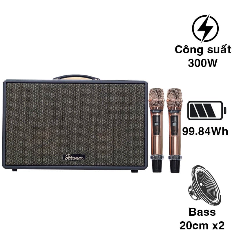 Loa Paramax Saga, Bass 20cm, Công suất 300W, Bluetooth 5.3, Kèm 2 tay micro (NEW 2025)