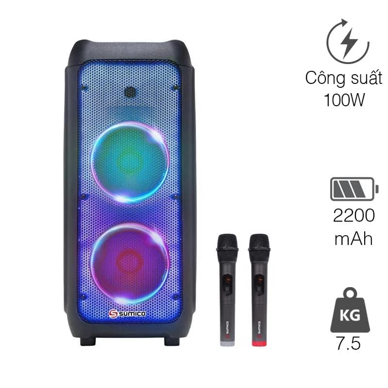 Loa Sumico SU-802, Bass 20cm x 2, Công suất 100W, Bluetooth, AUX, MIC, FM, USB
