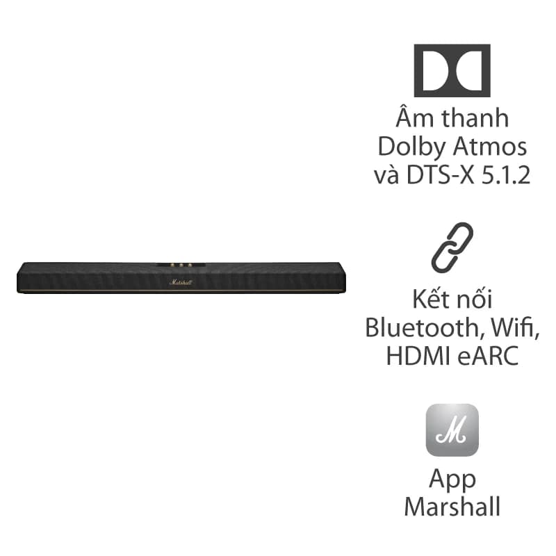 Loa Soundbar Marshall Heston 120, Công suất 150W, Dolby Atmos, Wi-Fi 6, Bluetooth 5.3, HDMI eARC, AirPlay 2, Spotify