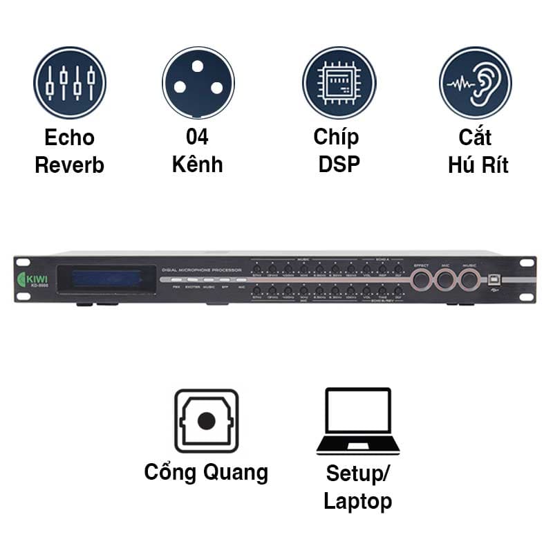 Vang số chỉnh cơ KIWI KD9000, Echo + Reverb, Chống hú rít