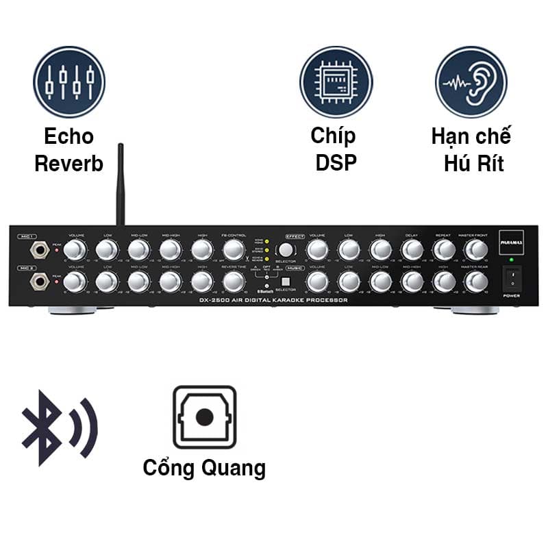 Mixer Paramax DX2500 AIR, DSP, Optical, Chống hú, Bluetooth, Echo + Reverb