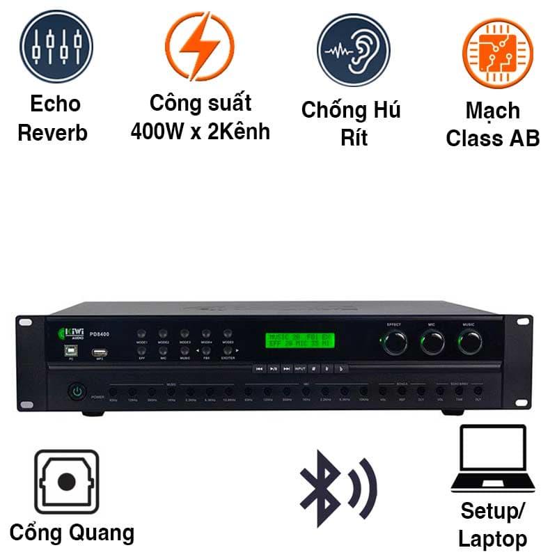 Cục Đẩy Liền Vang Kiwi PD8400, 400W x2 Kênh, Bluetooth, Optical Cục Đẩy Liền Vang Kiwi PD8400, 400W x2 Kênh, Bluetooth, Optical