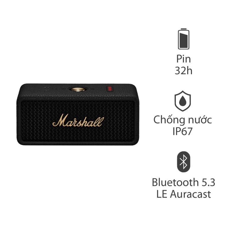 Loa Marshall Emberton 3 (III) Pin 32h, IP67, Bluetooth 5.3 LE Auracast, 20W, Mic đàm thoại, App Marshall Bluetooth Loa Marshall Emberton 3 (III) Pin 32h, IP67, Bluetooth 5.3 LE Auracast, 20W, Mic đàm thoại, App Marshall Bluetooth