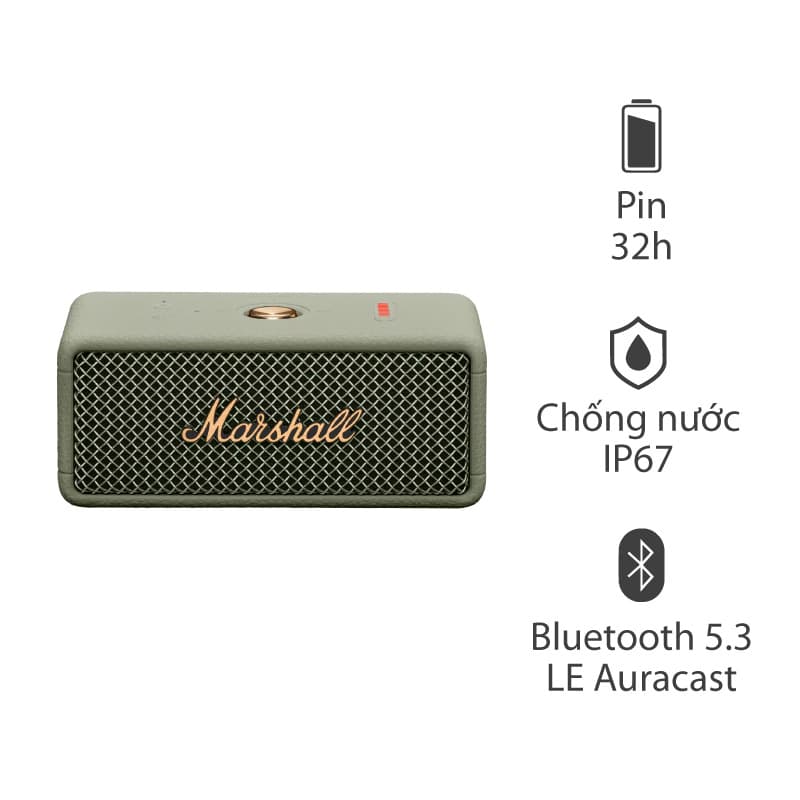 Loa Marshall Emberton III Sage Edition, Pin 32h, IP67, Bluetooth 5,3 LE Auracast, Mic đàm thoại, App Marshall Bluetooth Loa Marshall Emberton III Sage Edition, Pin 32h, IP67, Bluetooth 5,3 LE Auracast, Mic đàm thoại, App Marshall Bluetooth